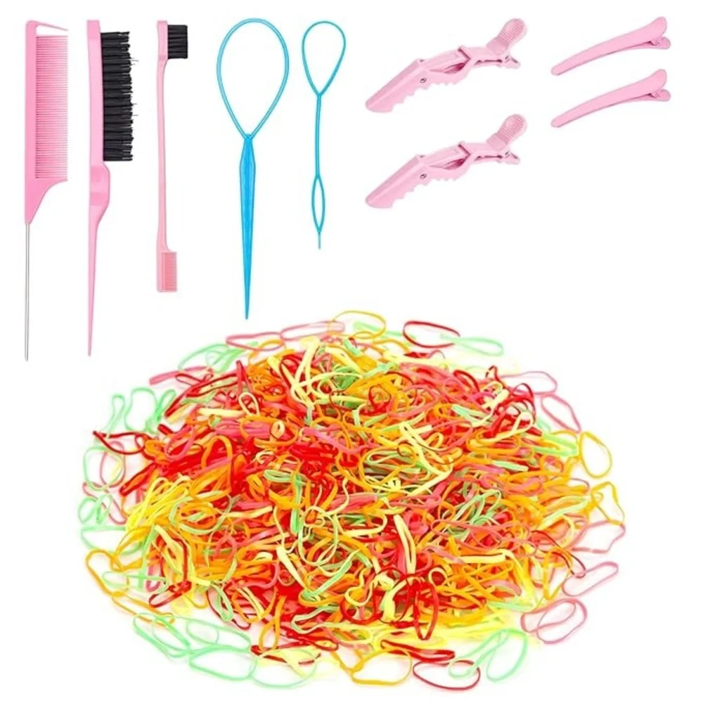 New 1200Pcs Colorful Elastic Hair Rubber Bands with Hair Braiding Tools